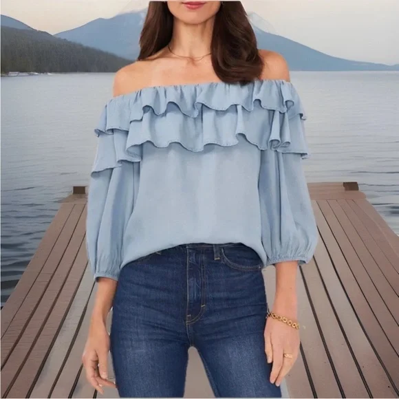 Sam and Jess Double Ruffle Off The Shoulder Blouse Light Blue Chambray Size XSP - Picture 6 of 13